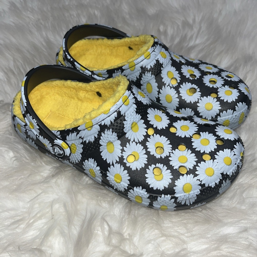 Crocs Classic Clog Shoes Women's 9 Black White Yellow Floral Print Lined Slip On - Picture 2 of 12